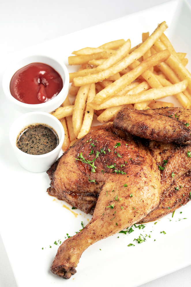 Roast Rotisserie Half Chicken with French Fries Simple Meal