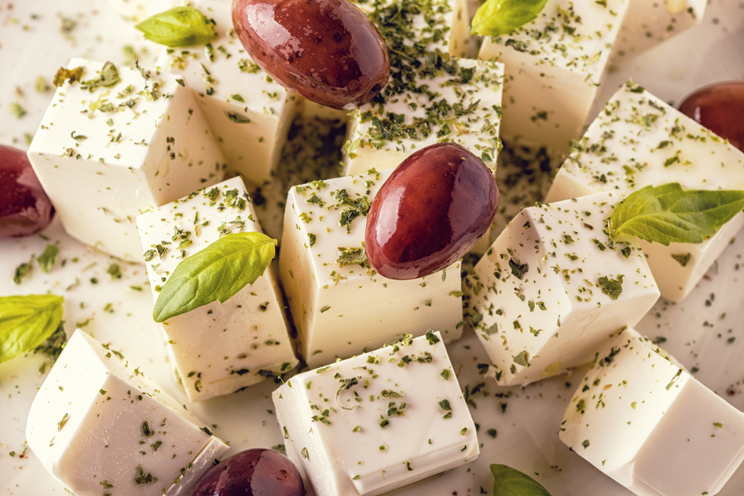 Greek cheese feta with oregano and olives